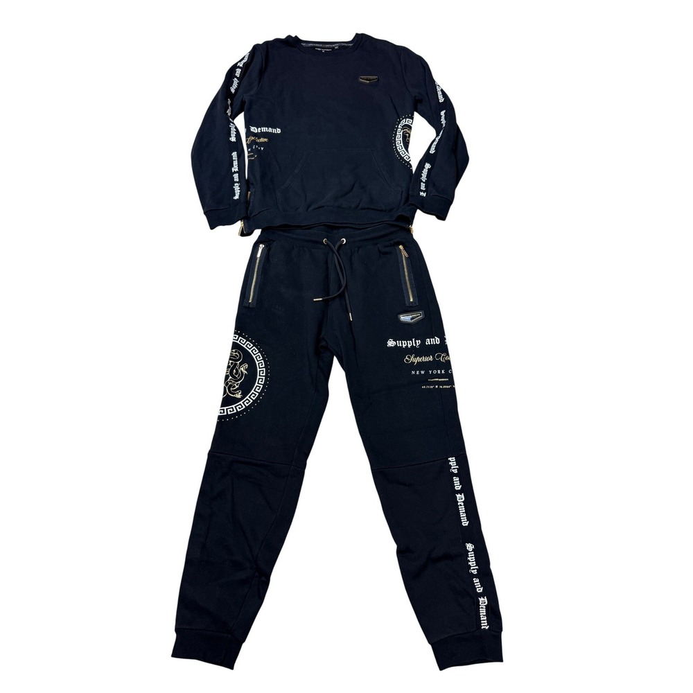 Supply and Demand NYC Mens Black Tracksuit Set XL Sweatshirt Joggers Graphic -BW